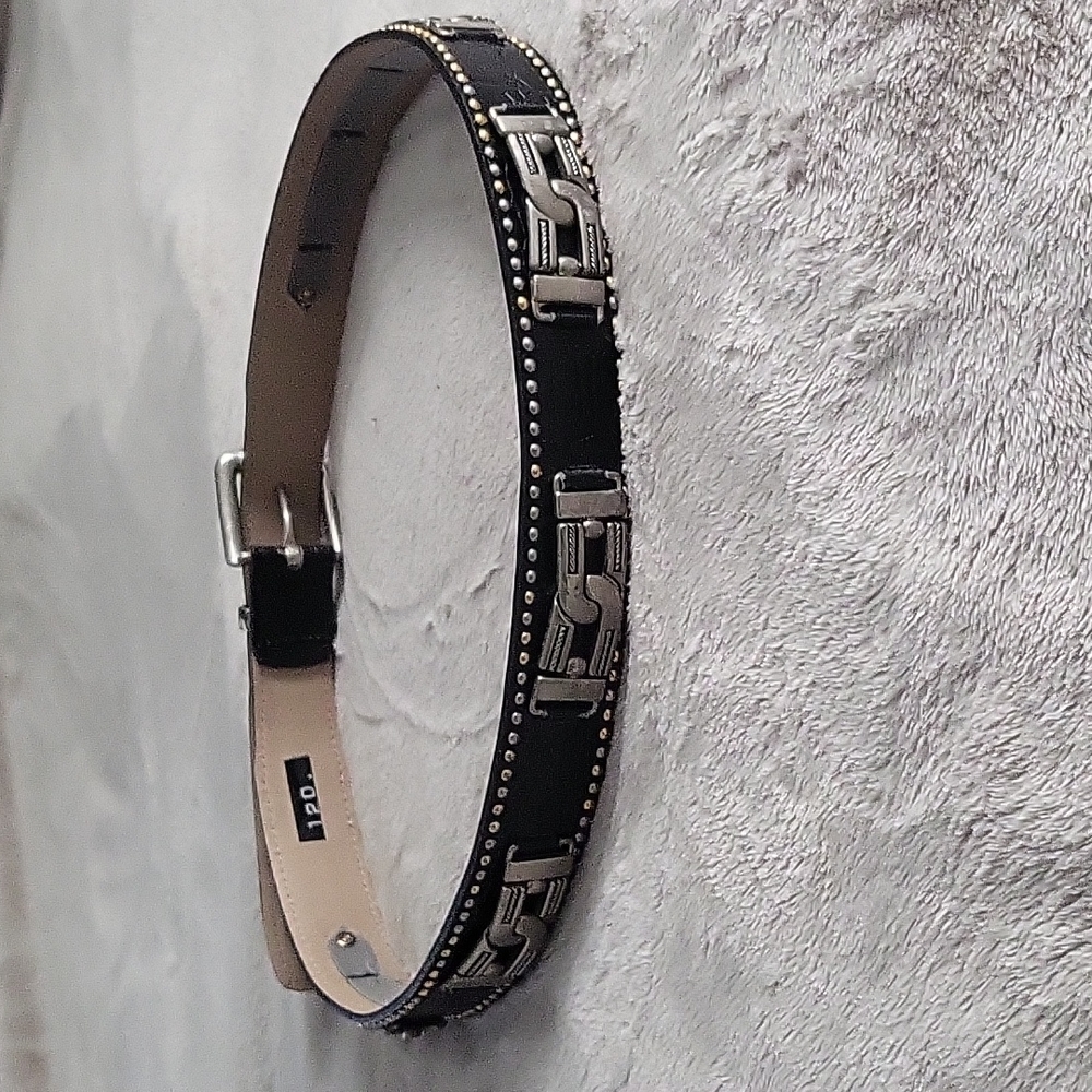 Vtg Code Azure Black Leather Sun Medallion Concho Belt Made In Italy Mens